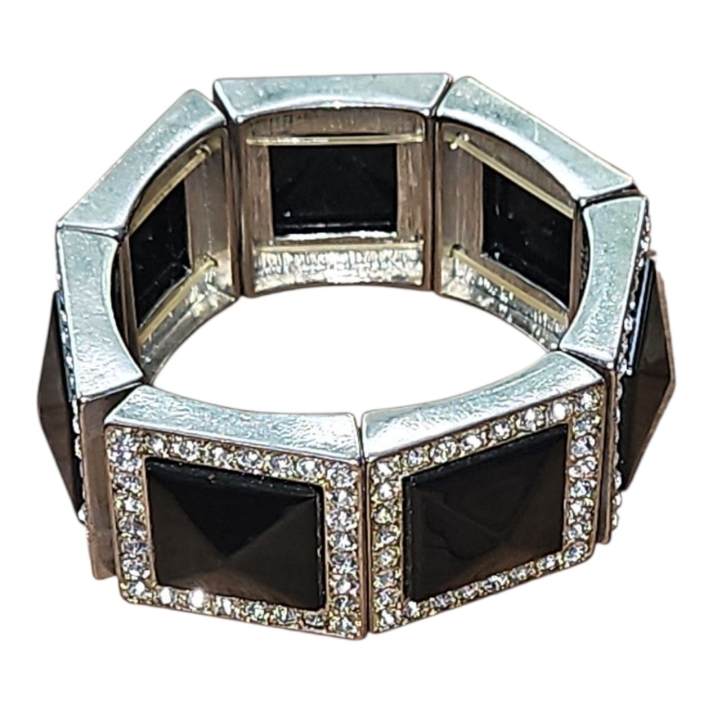 Stretch Bracelet, Silver Tone, Black Squares, and Crystals. New.